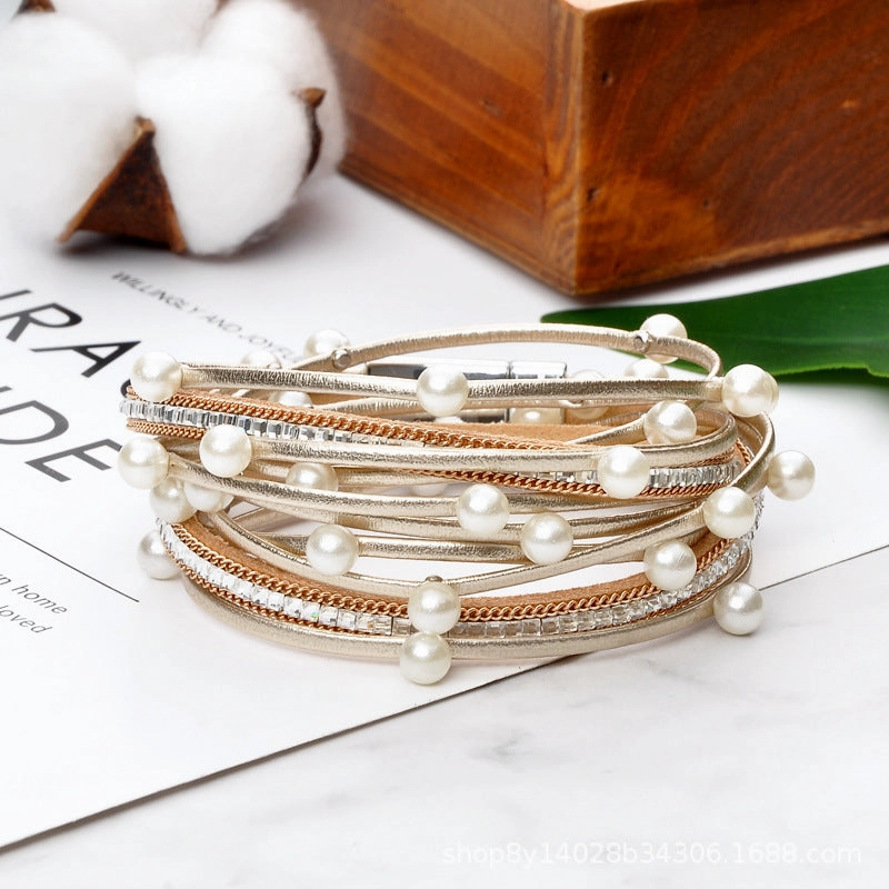 Wholesale Geometric Asymmetrical Inlaid Pearl Multi-Layered Leather Adjustable Bracelet