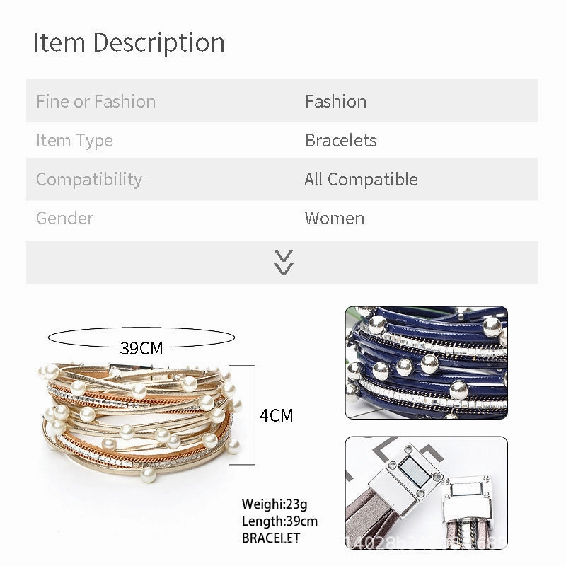 Wholesale Geometric Asymmetrical Inlaid Pearl Multi-Layered Leather Adjustable Bracelet