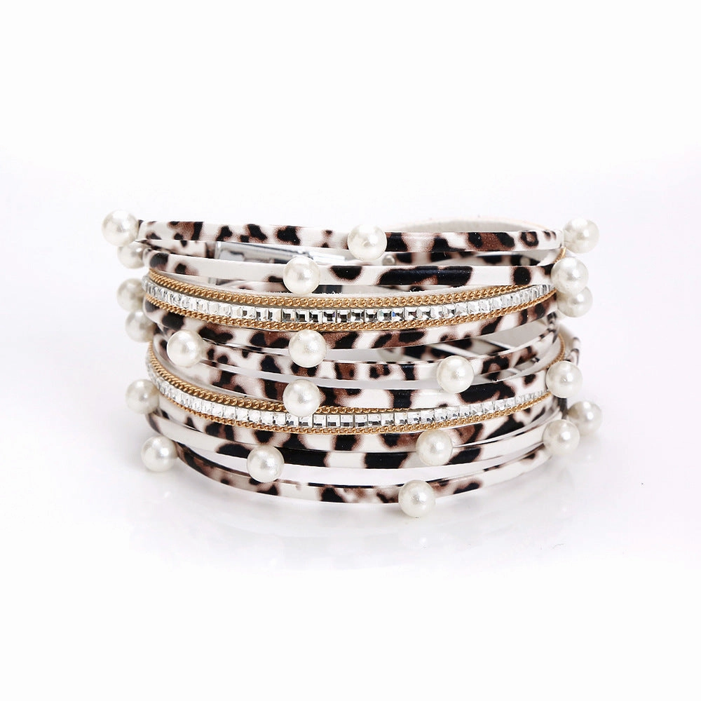 Wholesale Geometric Asymmetrical Inlaid Pearl Multi-Layered Leather Adjustable Bracelet