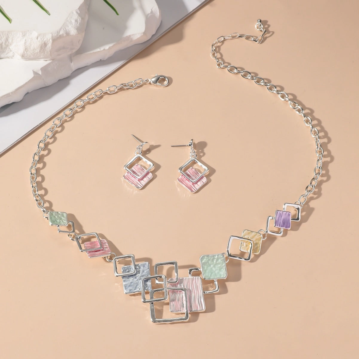 Wholesale Geometric Block Splicing Chain Earrings Clavicle Chain