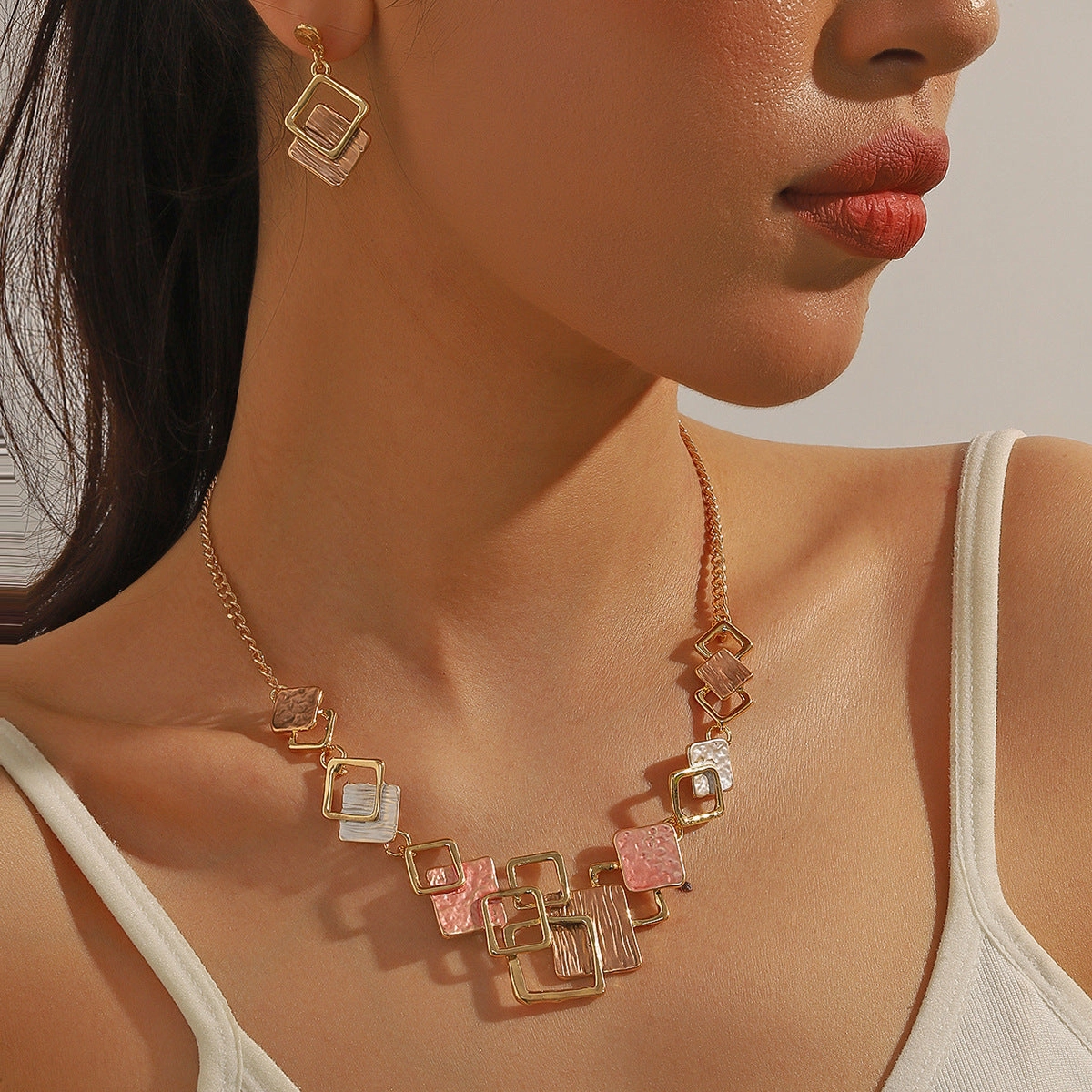 Wholesale Geometric Block Splicing Chain Earrings Clavicle Chain