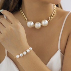 Wholesale Geometric Chunky Chain Imitation Pearl Rhinestone Bracelet Necklaces Set