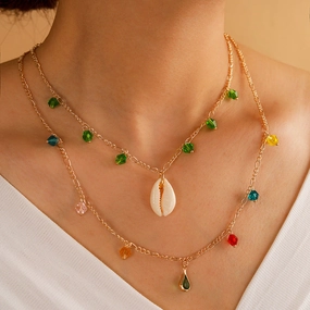 Wholesale Geometric Shell Tassel Layered Necklace