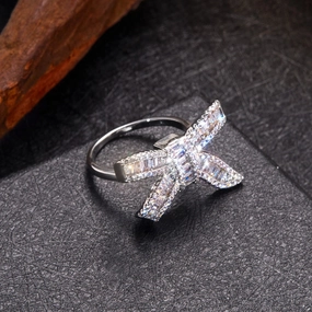 Wholesale Geometric Square Diamond Bow Stepped Zirconia Ring