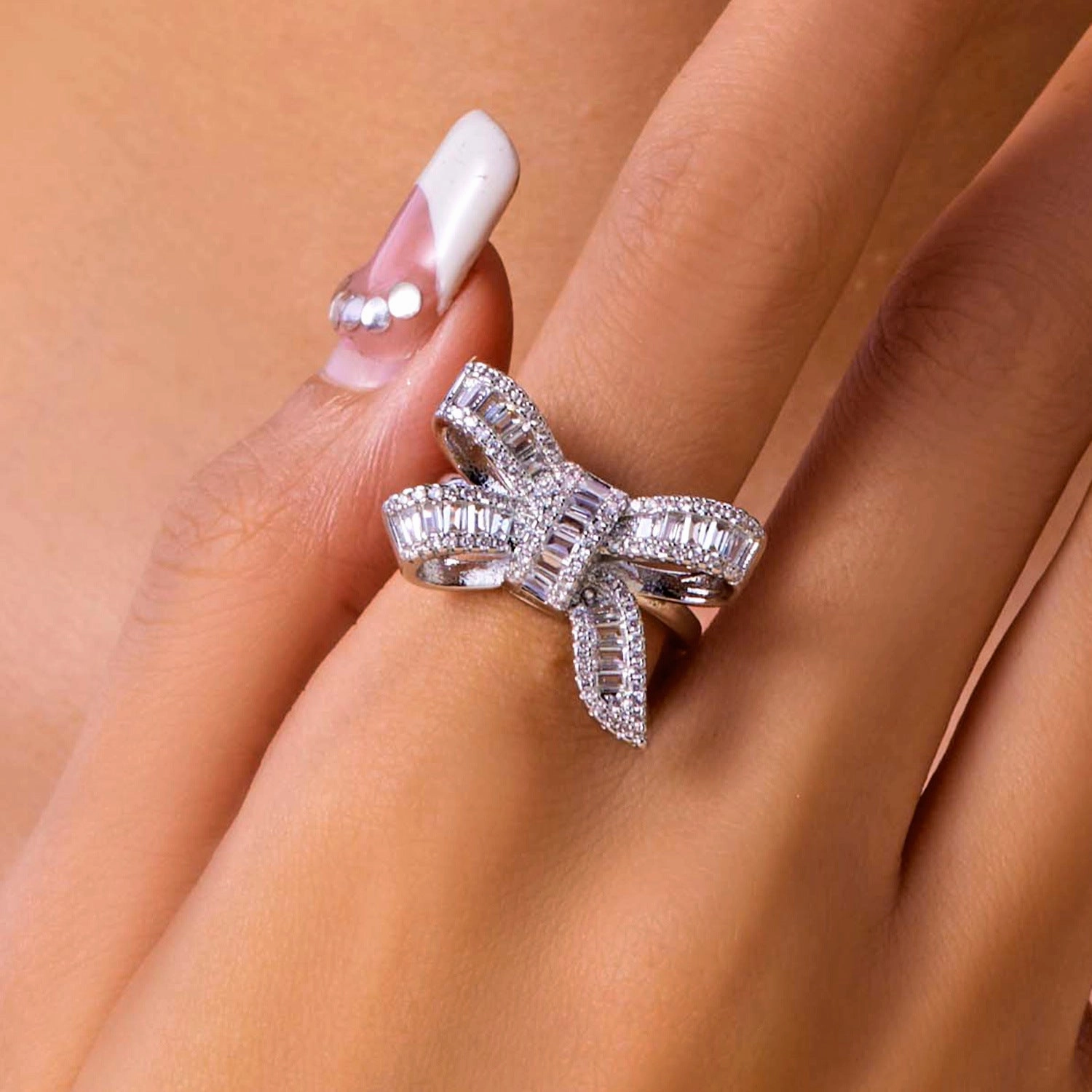 Wholesale Geometric Square Diamond Bow Stepped Zirconia Ring