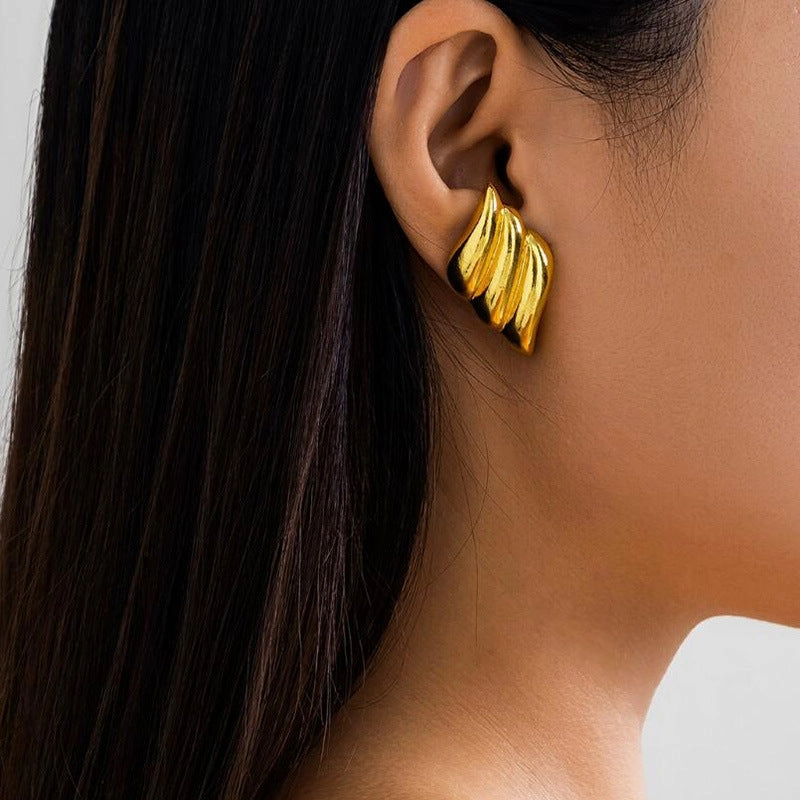 Wholesale Geometric Three-Layer Wings 18K Gold Plated Earrings