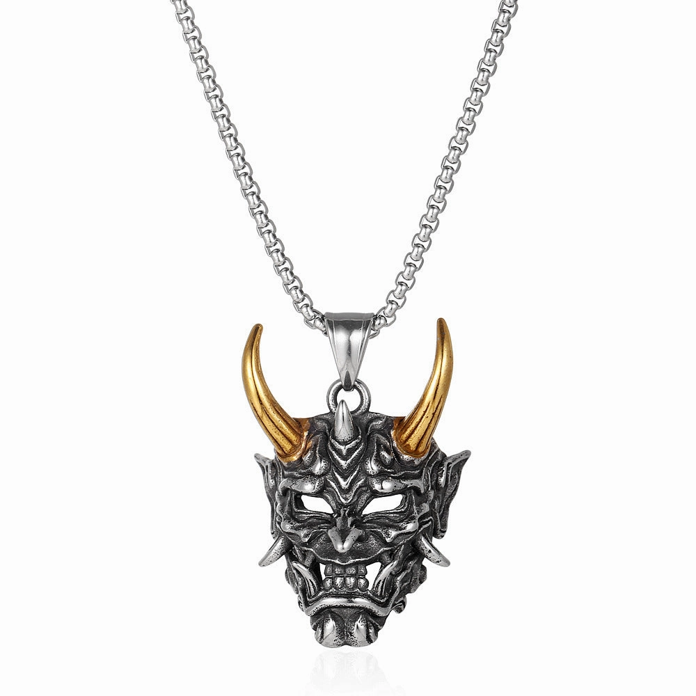 Wholesale Ghost Samurai Mask Golden Horn Prajna Pendant Stainless Steel Necklaces