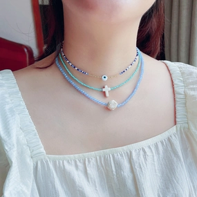 Wholesale Glass Blue Eyes Rice Beads Cross Layer Necklace