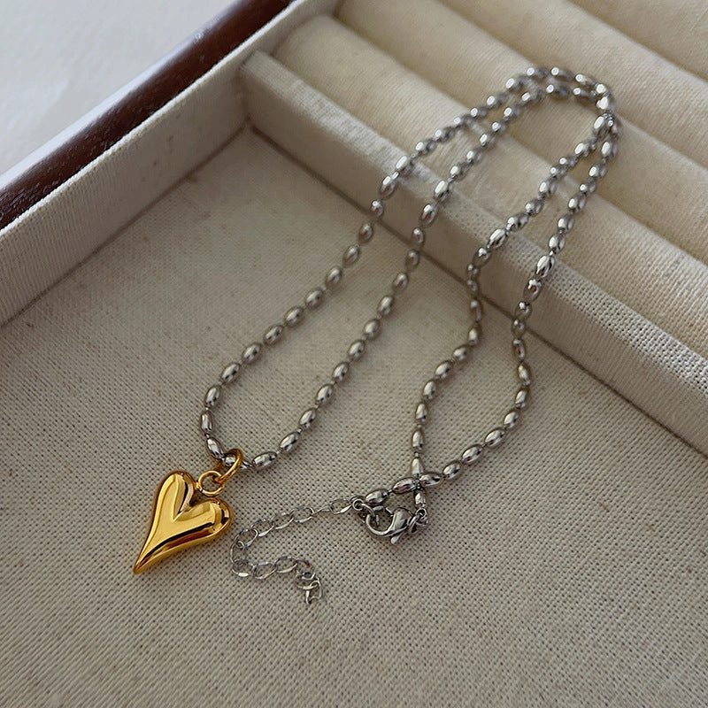 Wholesale Gold and Silver Color-blocked Titanium Steel Love Rice Beads Necklace