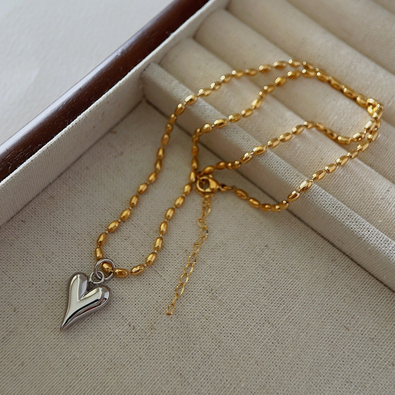 Wholesale Gold and Silver Color-blocked Titanium Steel Love Rice Beads Necklace