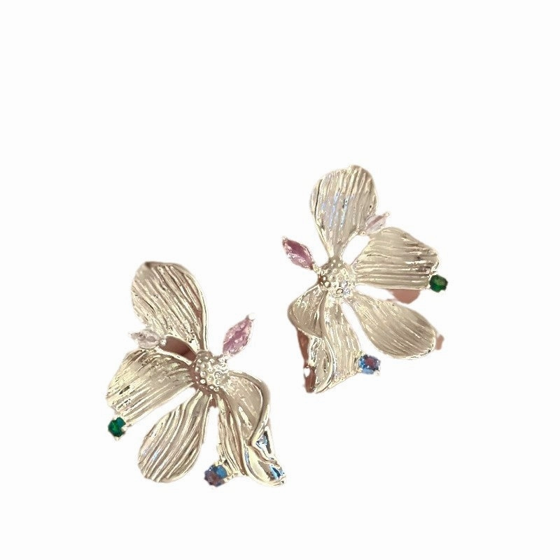 Wholesale Gold-plated Color Zircon Metal Flower Earrings