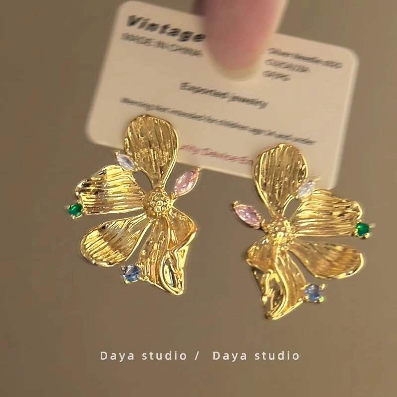 Wholesale Gold-plated Color Zircon Metal Flower Earrings