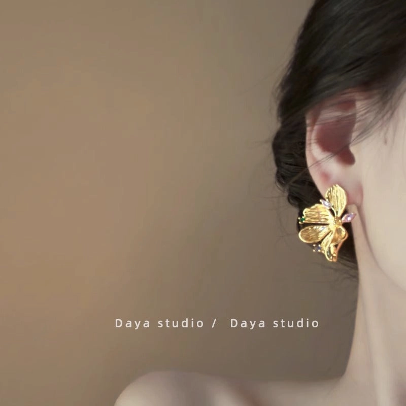Wholesale Gold-plated Color Zircon Metal Flower Earrings