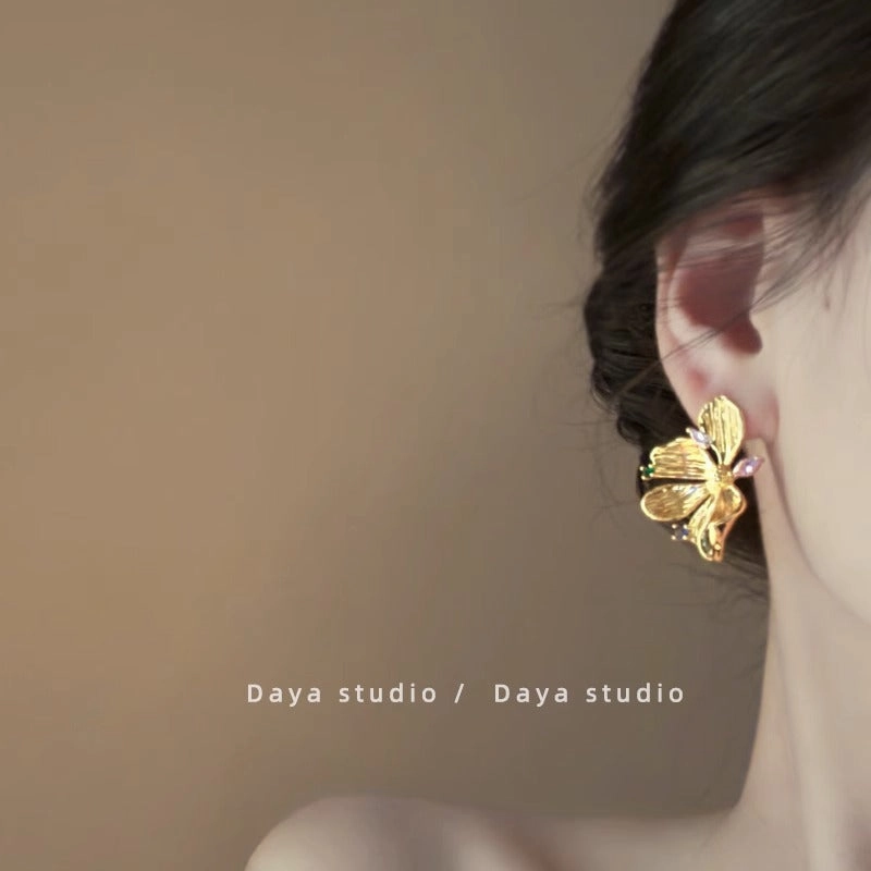 Wholesale Gold-plated Color Zircon Metal Flower Earrings