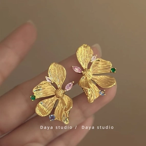 Wholesale Gold-plated Color Zircon Metal Flower Earrings