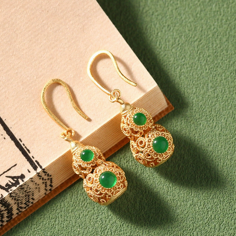 Wholesale gold plated craft hollow gourd chalcedony design retro earrings