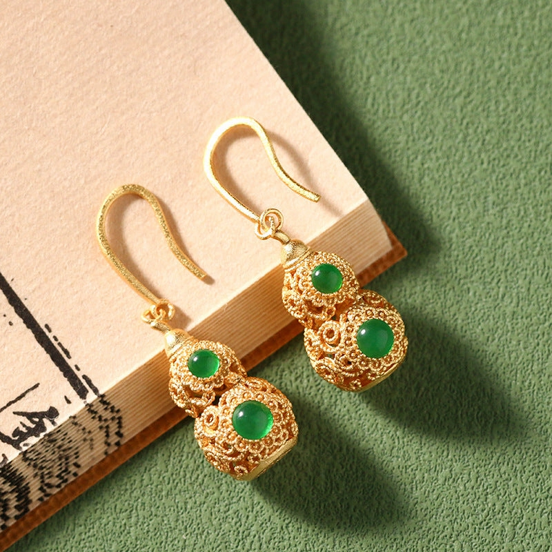 Wholesale gold plated craft hollow gourd chalcedony design retro earrings