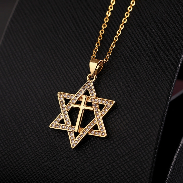 Wholesale Gold-plated micro-paved zircon star pendant cross necklace