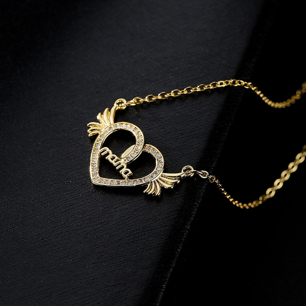 Wholesale Gold Plated Mother's Day Heart Wings Alloy Necklaces