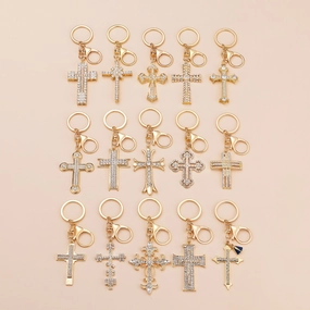 Wholesale Gold-plated rhinestone cross keychain