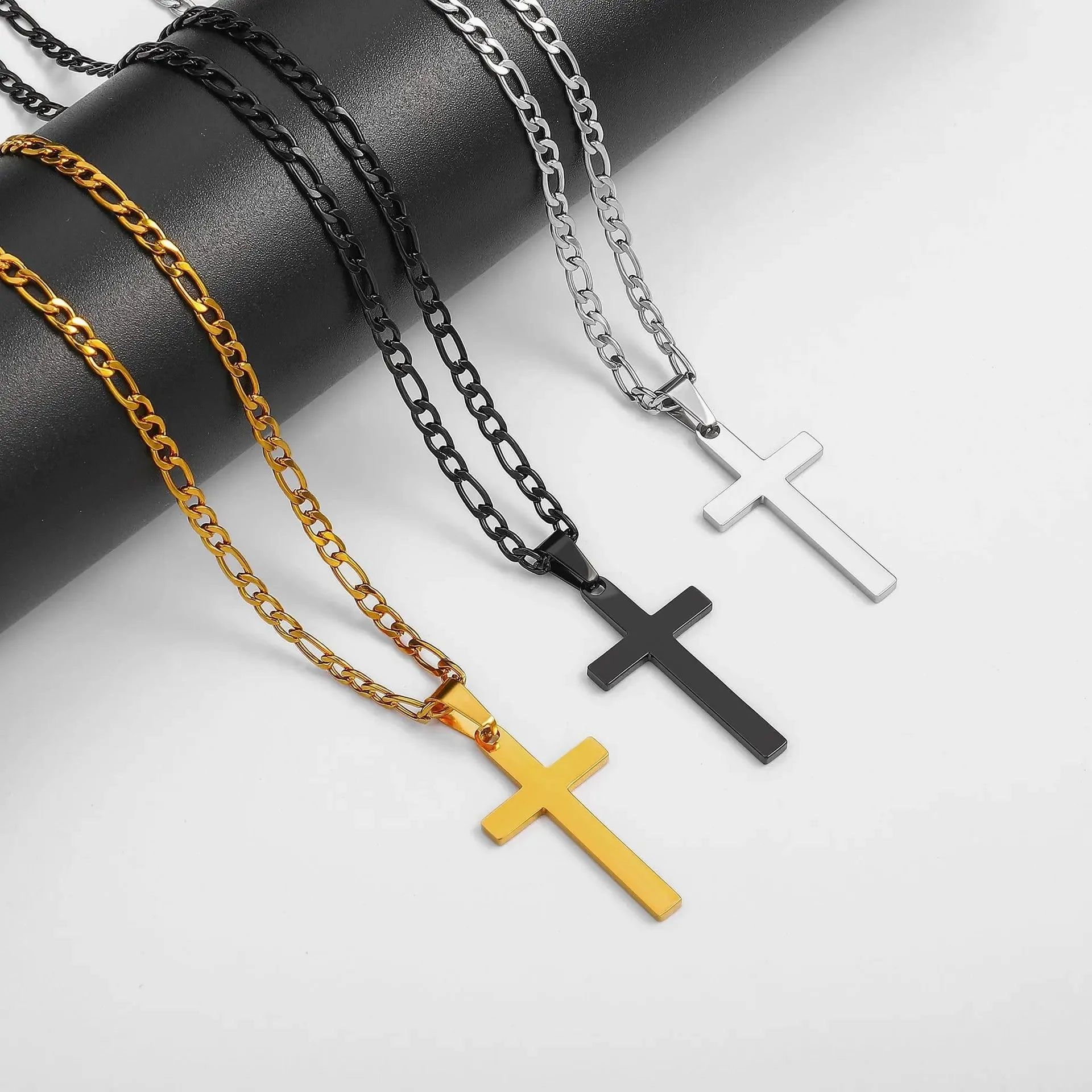 Wholesale Gold Plated Stainless Steel Cross Necklace Men's Figaro Chain