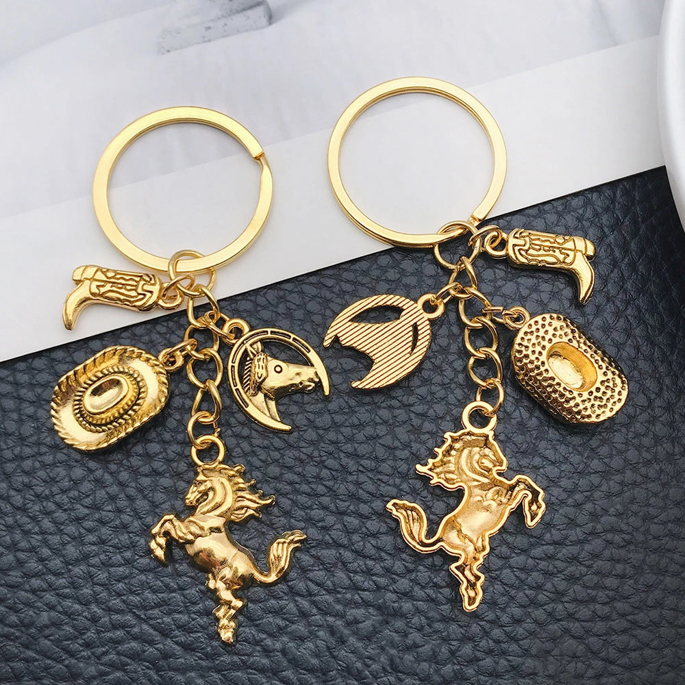 Wholesale Gold-plated Western Cowboy Hat Boots Horse Keychain