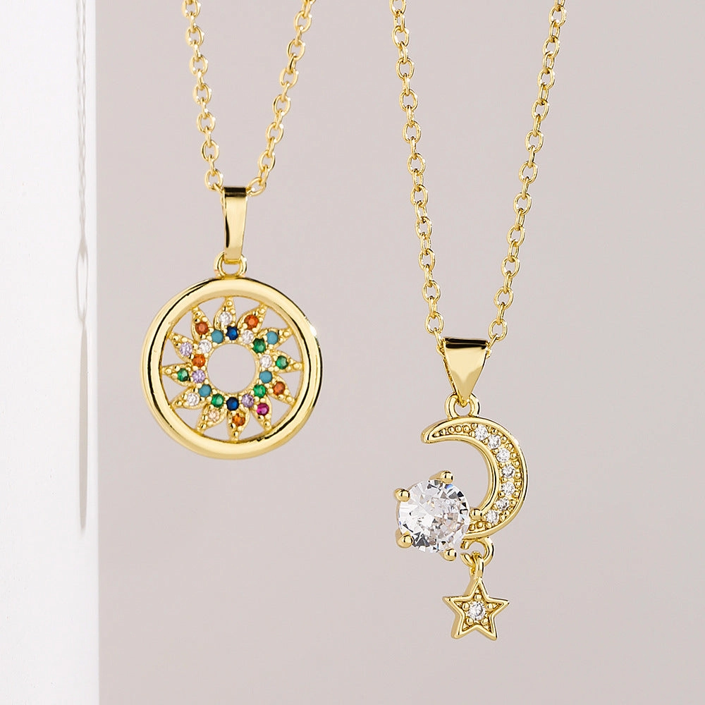 Wholesale Gold Plated Zircon Sun Moon Star Copper Necklaces