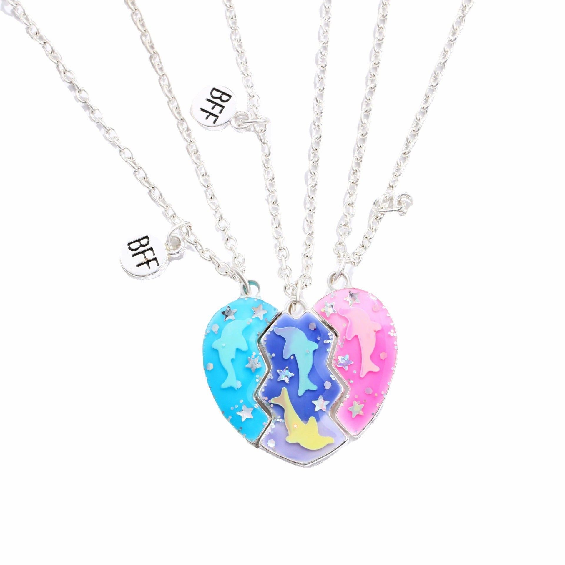 Wholesale Good Friends Kids Dolphin Drip Oil Magnet Stitching Heart Alloy Necklaces