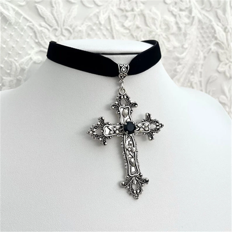 Wholesale Gothic Black Gemstone Cross Velvet Necklace