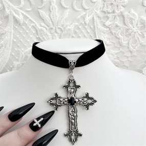 Wholesale Gothic Black Gemstone Cross Velvet Necklace