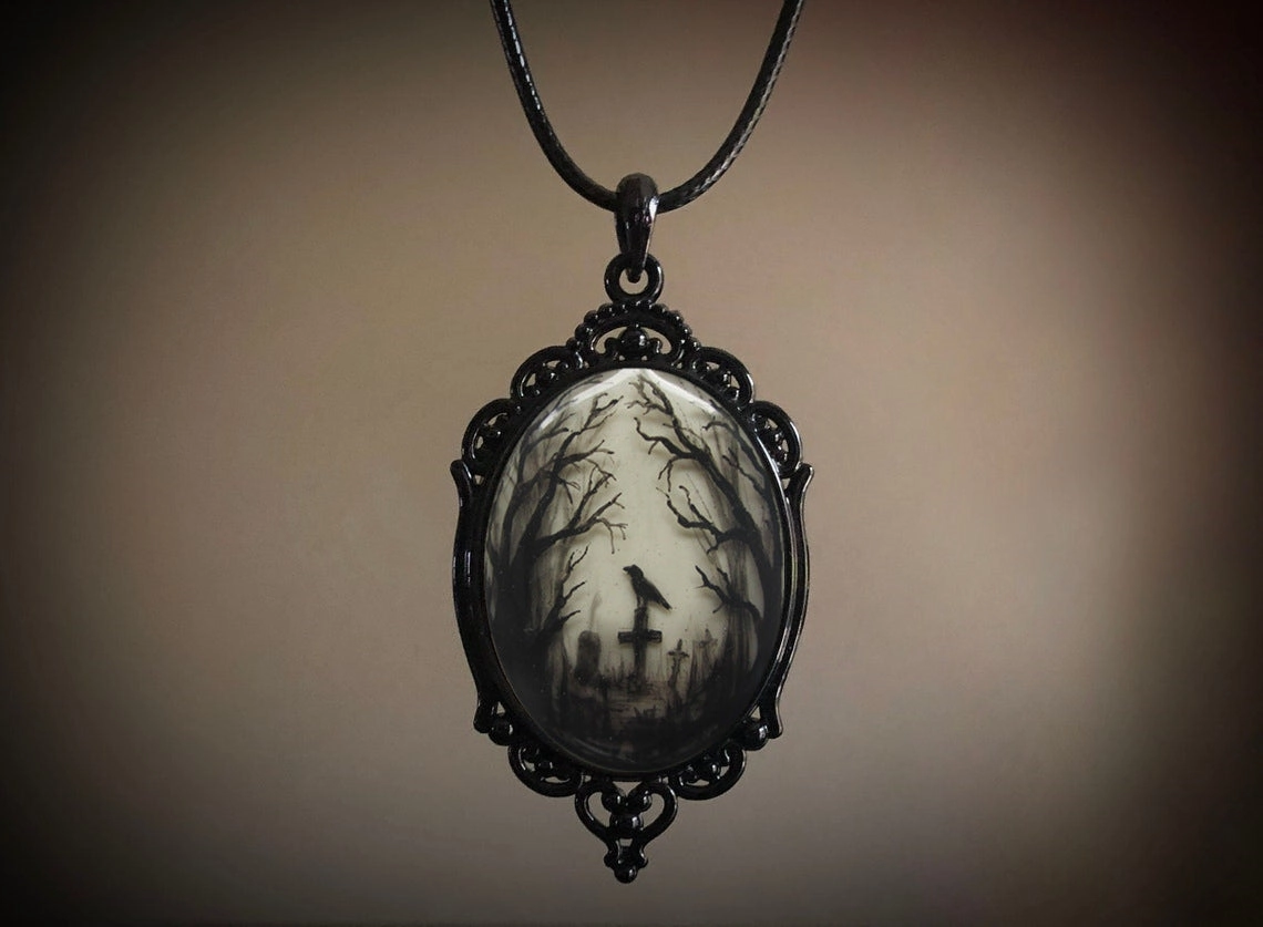 Wholesale Gothic Raven Cross Glass Pendant Alloy Necklaces