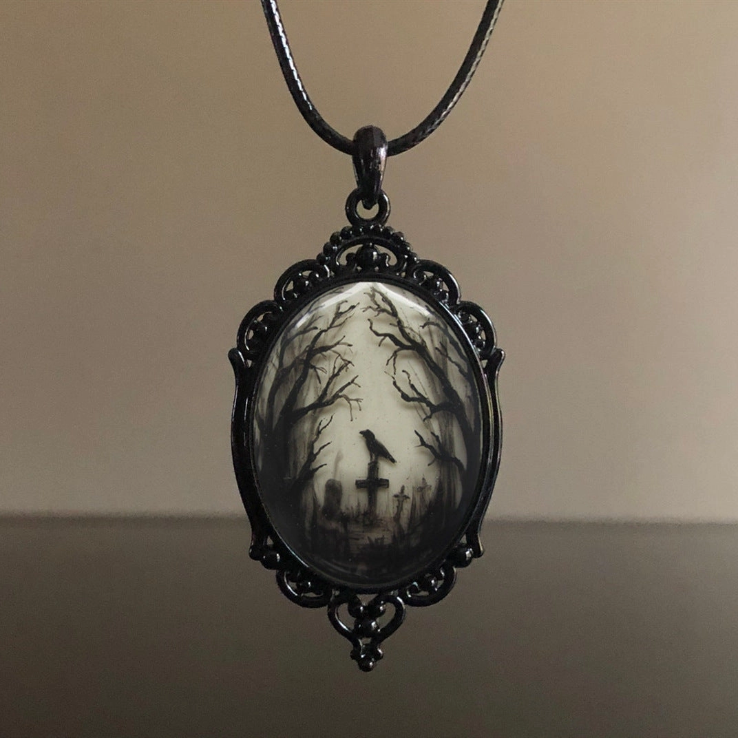 Wholesale Gothic Raven Cross Glass Pendant Alloy Necklaces