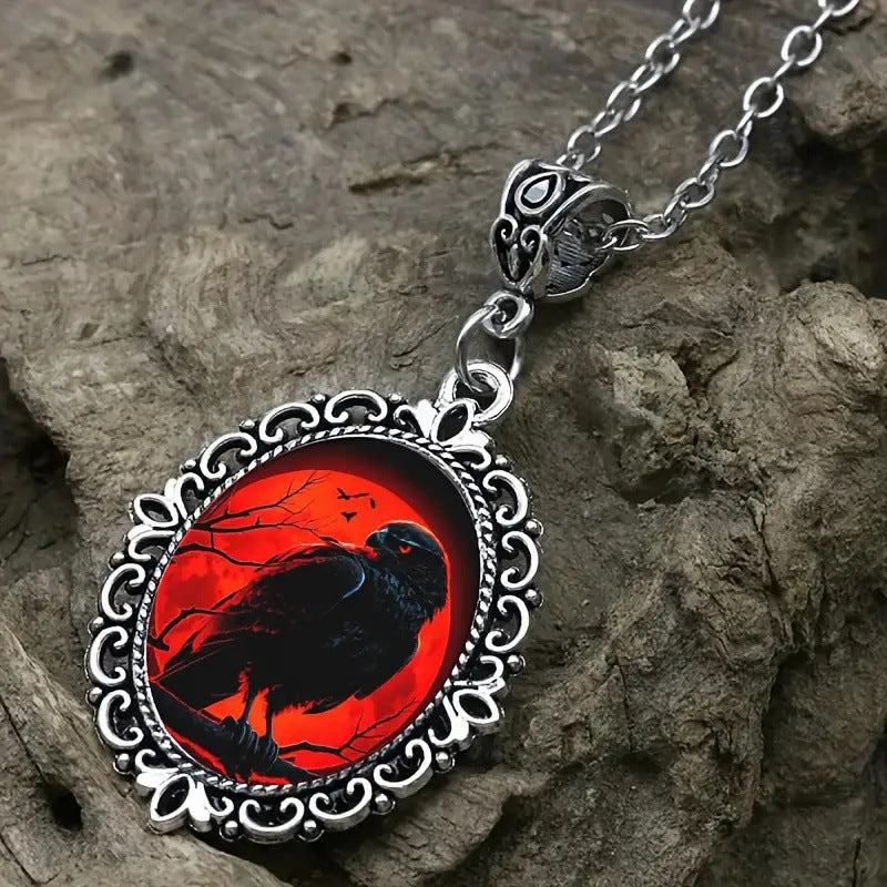 Wholesale Gothic Raven Oval Glass Necklace