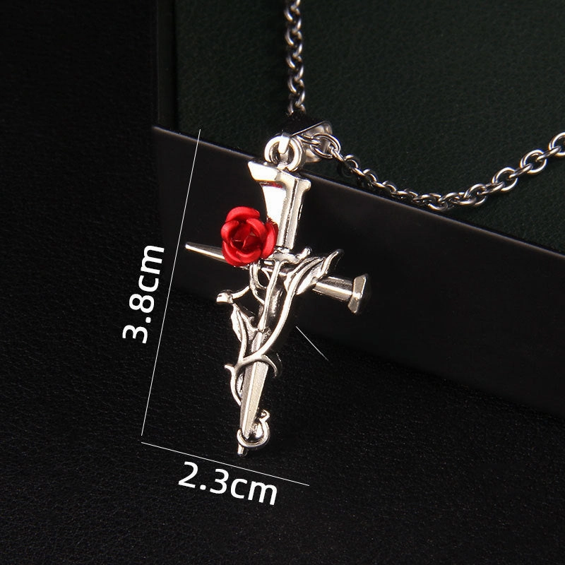 Wholesale gothic red rose cross vintage stainless steel necklace