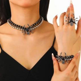 Wholesale Gothic style dark punk exaggerated Halloween diamond spider bracelet ring necklace set