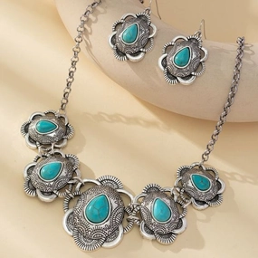Wholesale Green necklace and earrings jewelry set Western style exaggerated turquoise jewelry