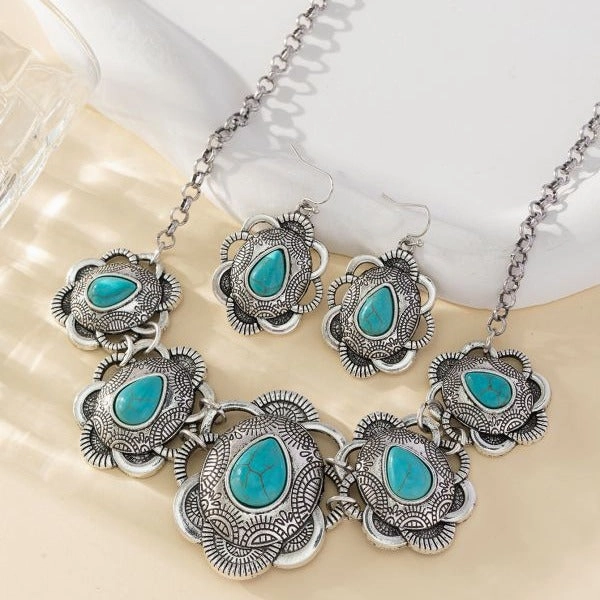Wholesale Green necklace and earrings jewelry set Western style exaggerated turquoise jewelry