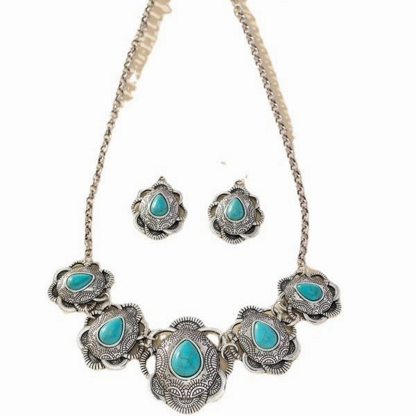 Wholesale Green necklace and earrings jewelry set Western style exaggerated turquoise jewelry