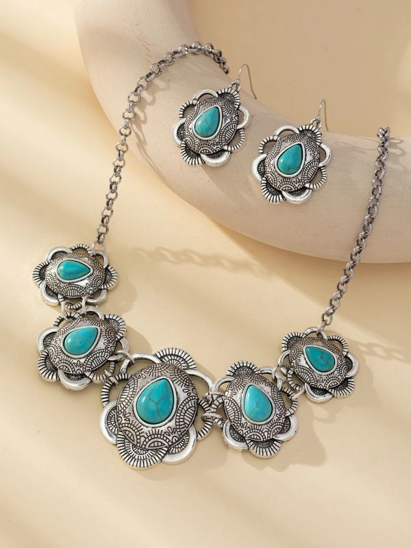 Wholesale Green necklace and earrings jewelry set Western style exaggerated turquoise jewelry
