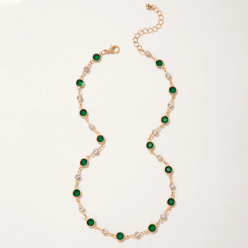 Wholesale Green Zircon Niche Personality Retro Diamond Short Necklace Clavicle Chain