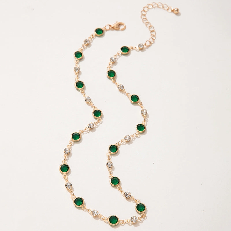 Wholesale Green Zircon Niche Personality Retro Diamond Short Necklace Clavicle Chain