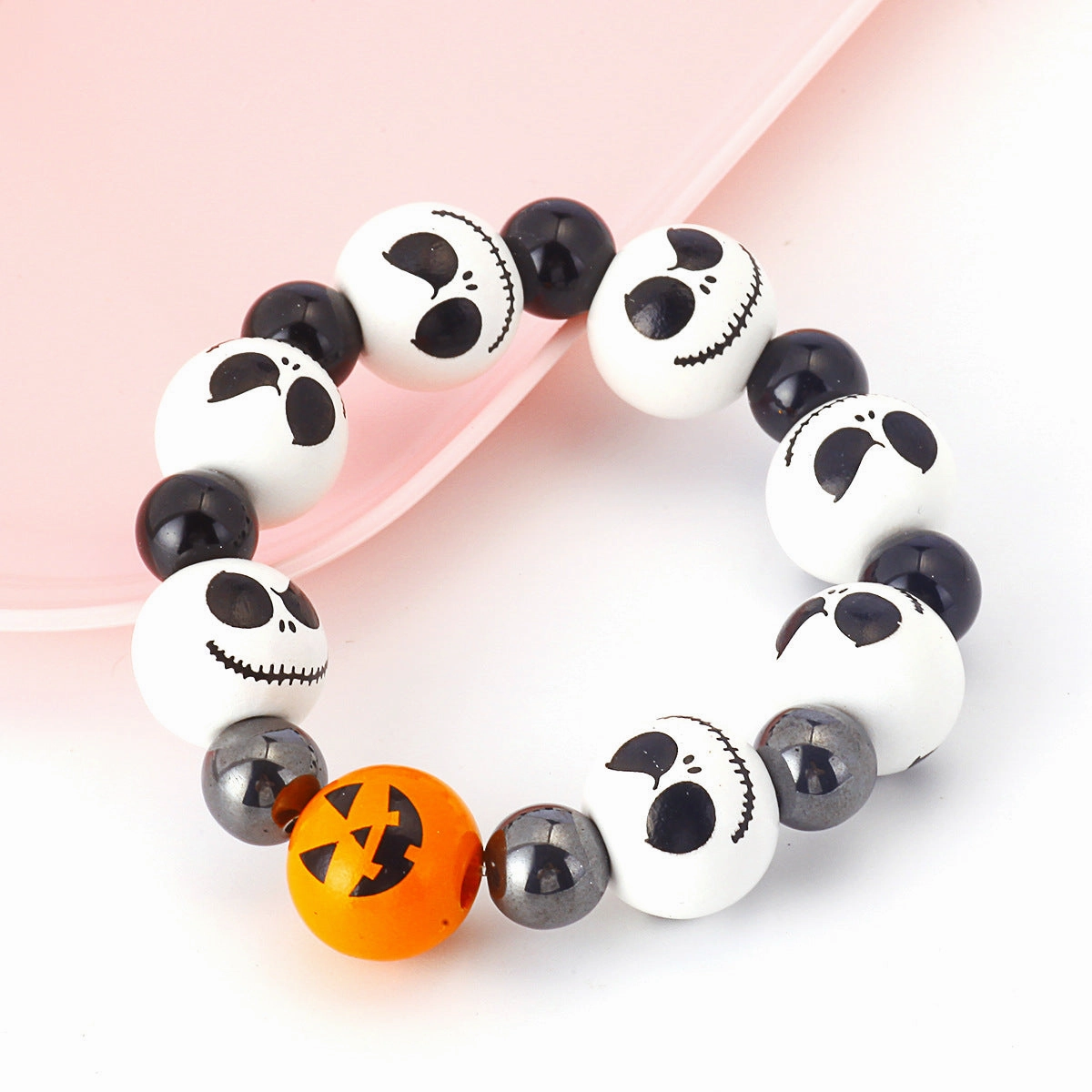 Wholesale Halloween Bracelet Beaded Pumpkin Head Skull Ghost Beads 16mm Wooden Beads Black Stone Bracelets