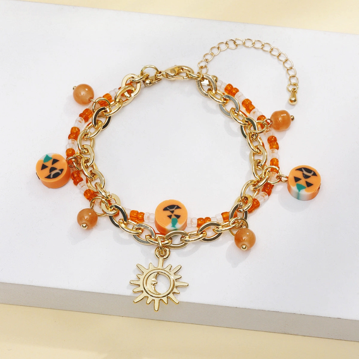 Wholesale Halloween Chain Rice Beads Double Layer Moon Pumpkin Soft Clay Pendant Bracelet