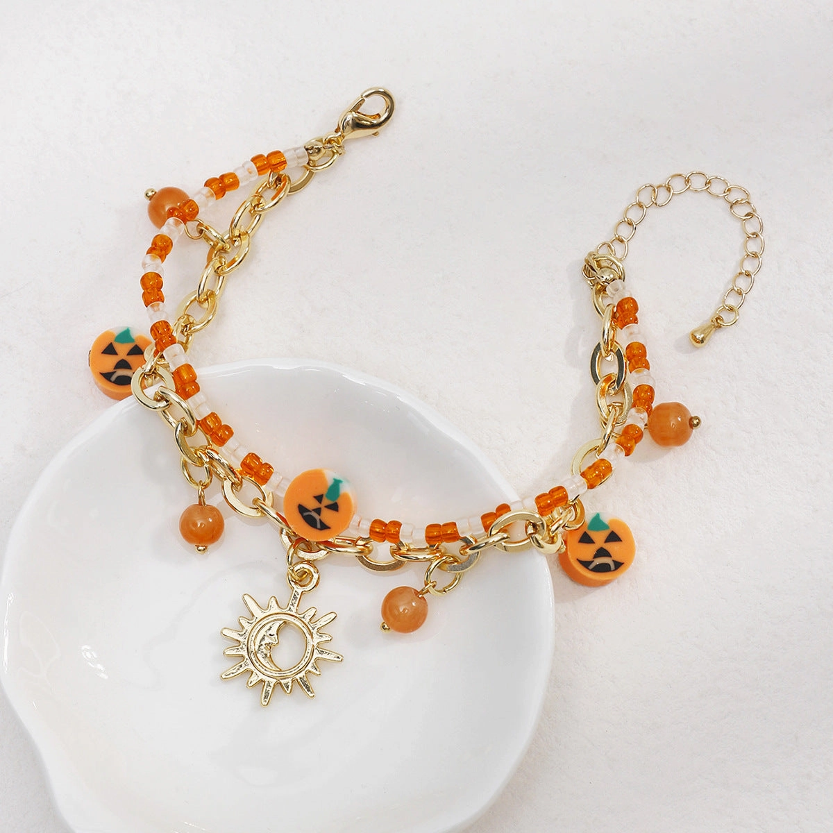 Wholesale Halloween Chain Rice Beads Double Layer Moon Pumpkin Soft Clay Pendant Bracelet