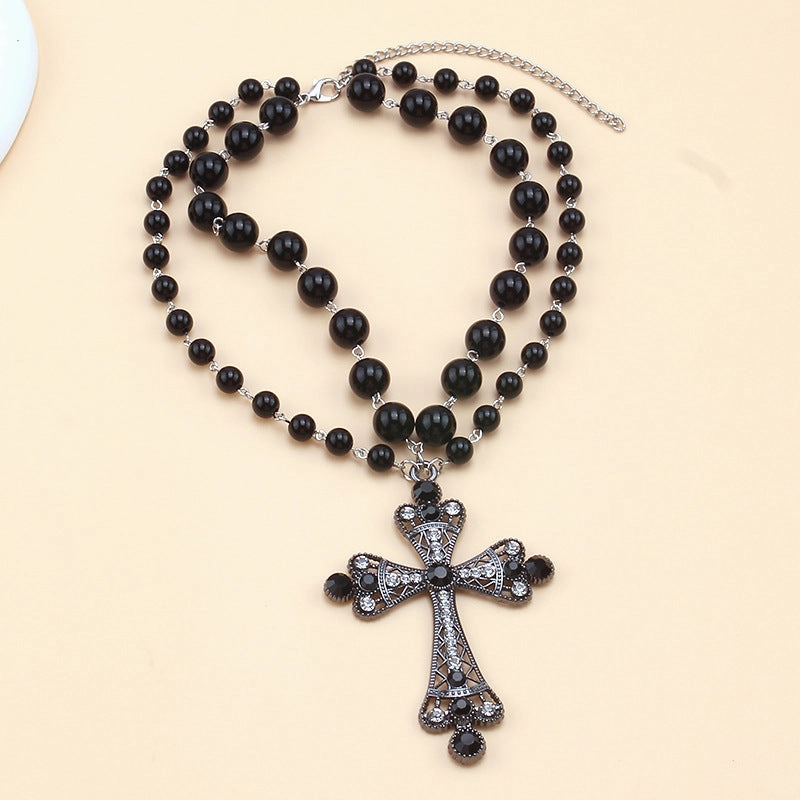Wholesale Halloween Dark Fashion Cross Imitation Pearl Necklace