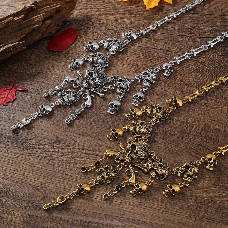 Wholesale Halloween Dark Retro Metal Tassel Skull Short Necklace