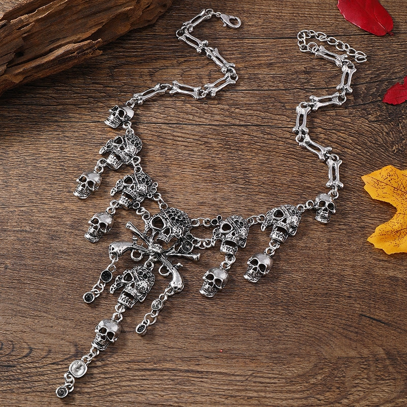 Wholesale Halloween Dark Retro Metal Tassel Skull Short Necklace