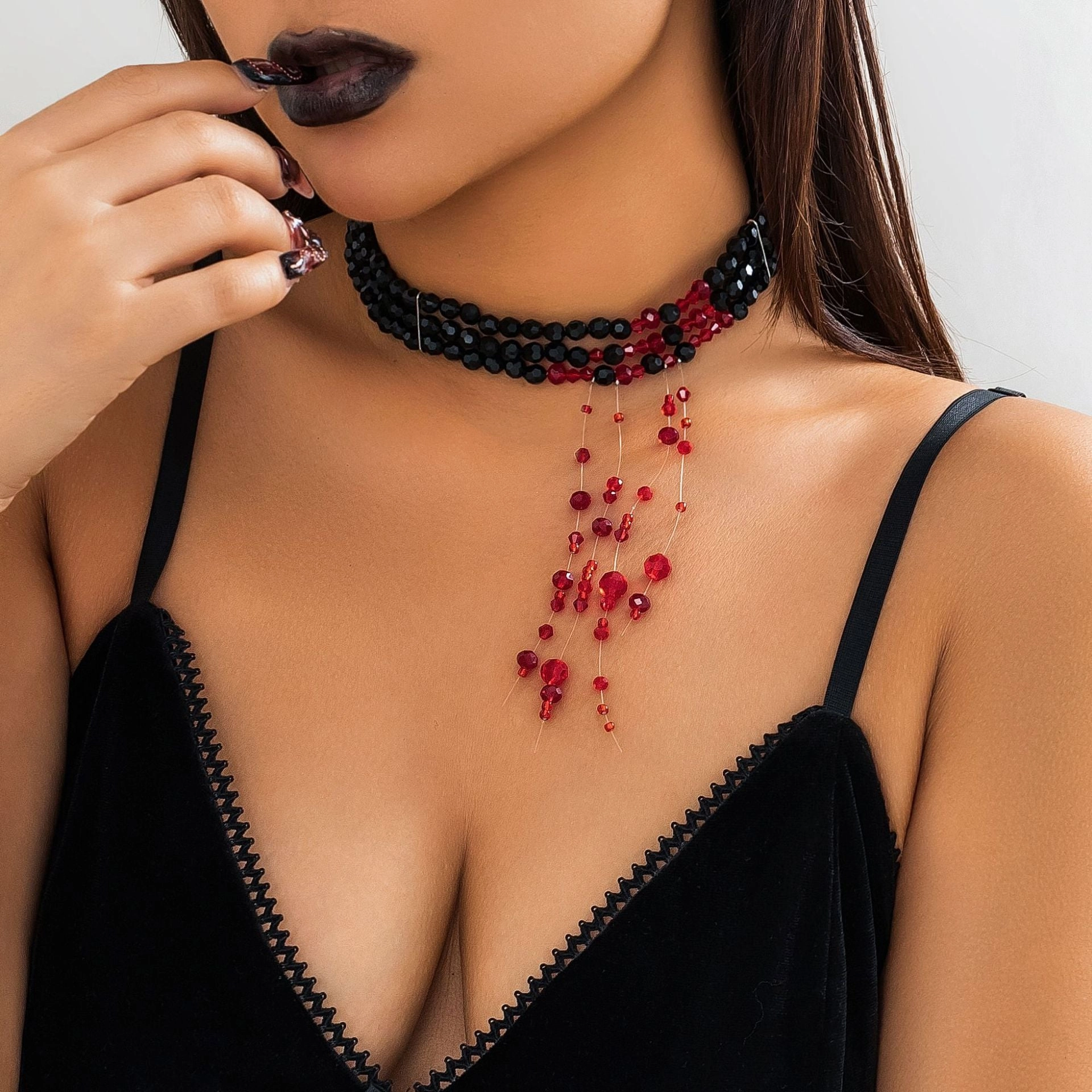 Wholesale Halloween Gothic Style Fake Blood Imitation Crystal Tassel Beaded Necklace