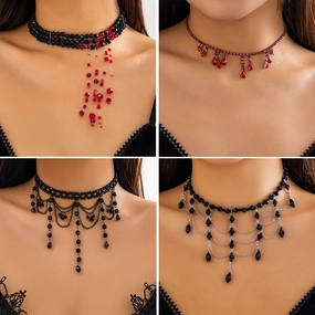 Wholesale Halloween Gothic Style Fake Blood Imitation Crystal Tassel Beaded Necklace