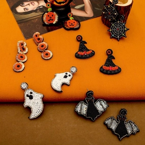 Wholesale Halloween Hat Ghost Creative Rice Bead Pumpkin Bat Exaggerated Earrings